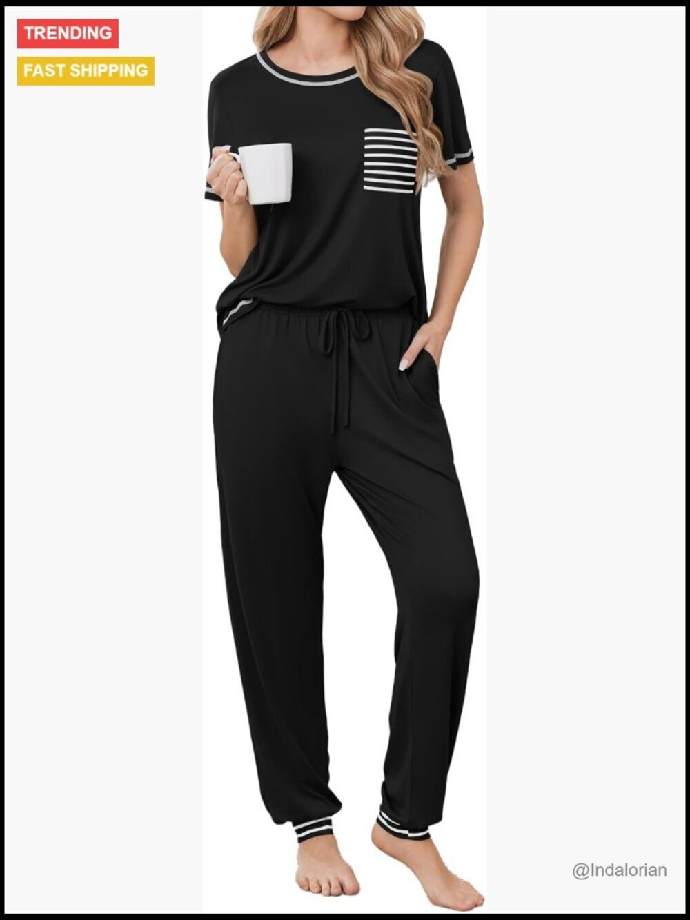 Short Sleeve Pajama Set with Long Pants, 95% Polyester 5% Spandex